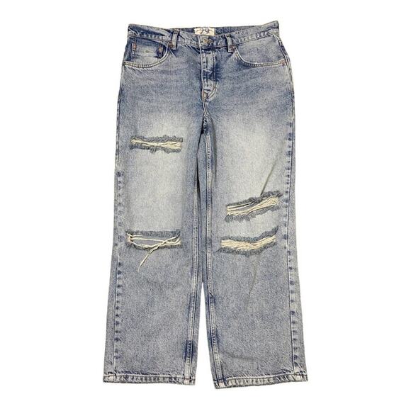 NEW FREE PEOPLE JEANS WE THE FREE BAGGY WIDE LEG STRAIGHT DISTRESSED RIPPED BLUE - Picture 1 of 6